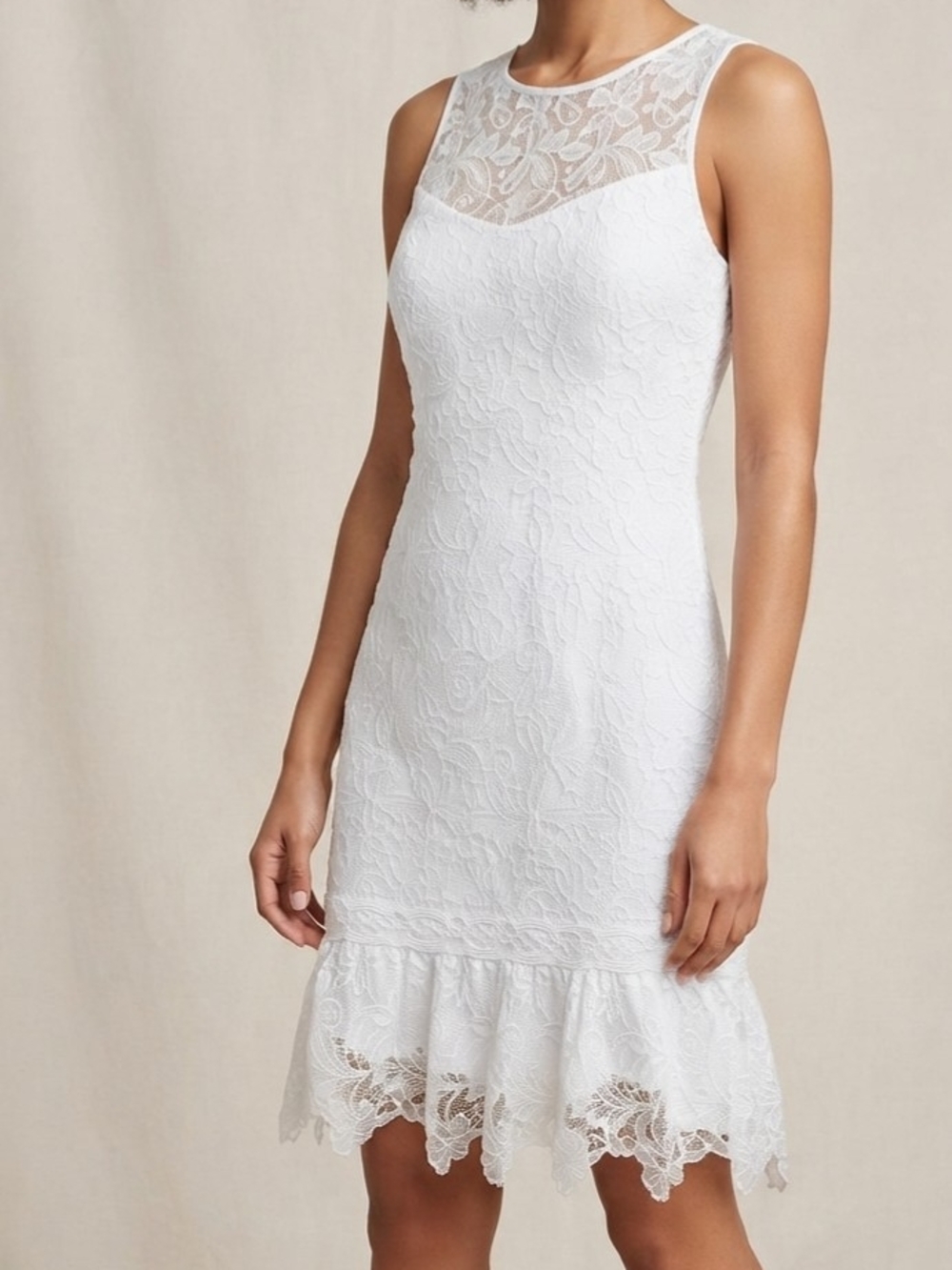 White House Black Market White Lace Sleeveless Ruffle Hem Dress Size 8